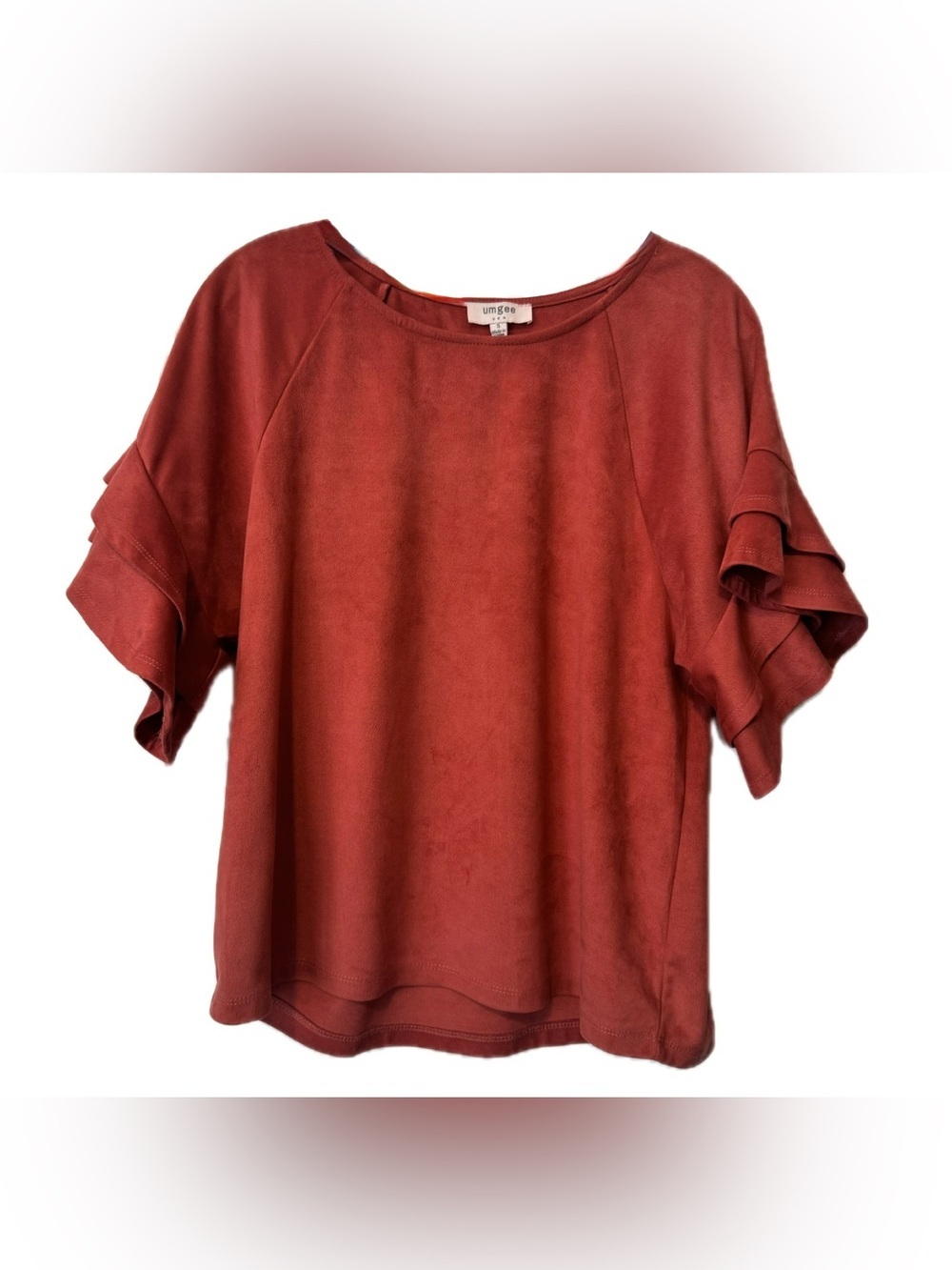 Umgee Rust Faux Suede Flutter Sleeve Blouse Soft Stretch Top Size S Southwest